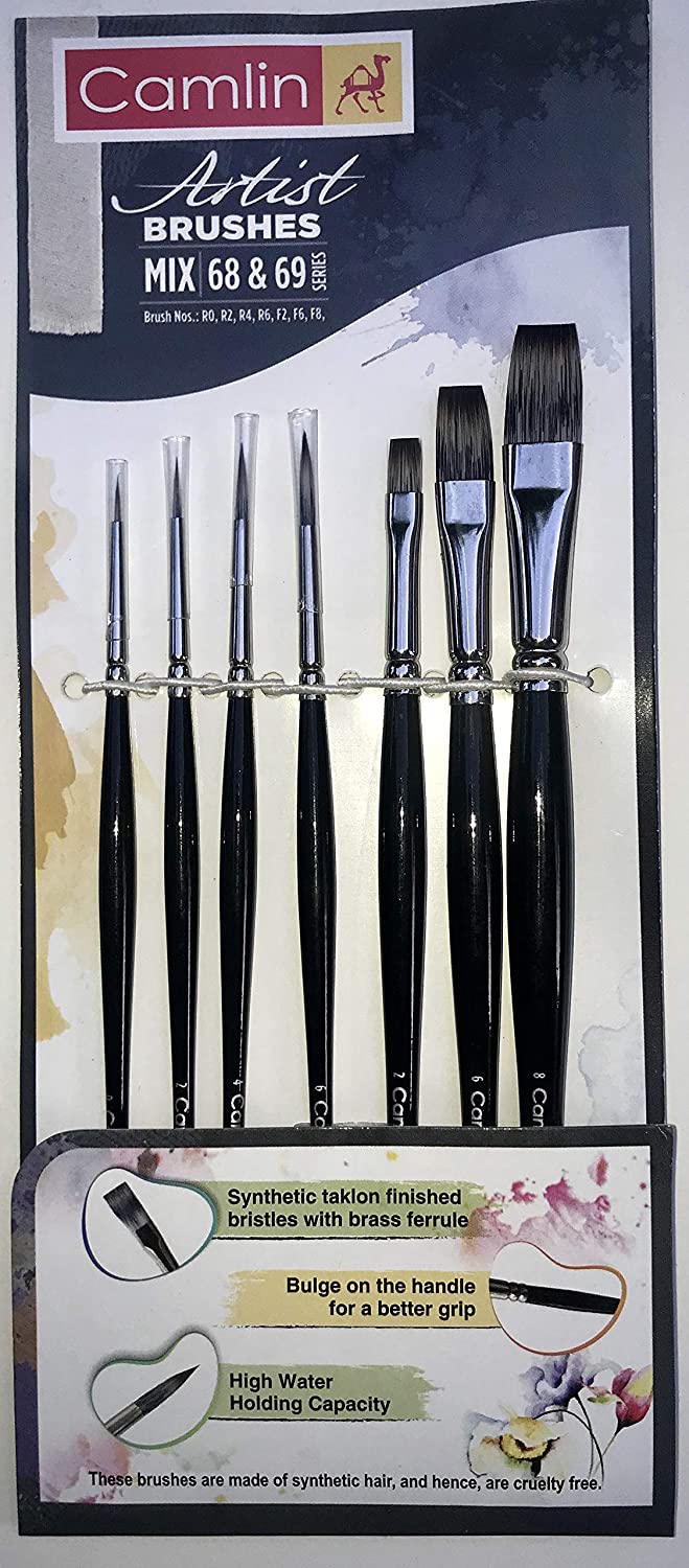 Camlin Kokuyo Artist Paint Brush Mix Series 68 & Series 69 - Round & Flat Synthetic taklon, Set of 7 